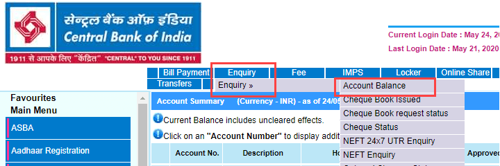 Central Bank of India check account balance