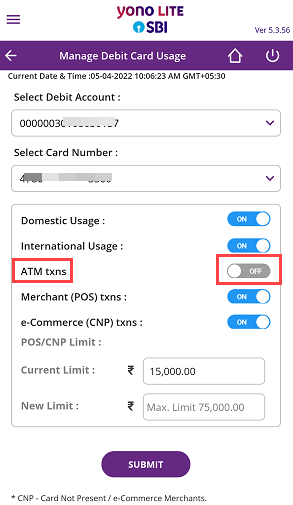 Enable/Disable ATM Withdrawal for SBI ATM Card