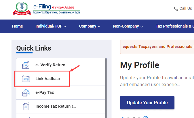 Link Aadhaar With PAN Online through Income tex website
