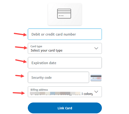 In Payment methods, you can see link a debit or credit card, click and open it.