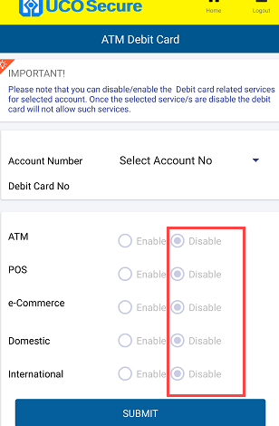 Temporay Block/Unblock UCO ATM/Debit Card