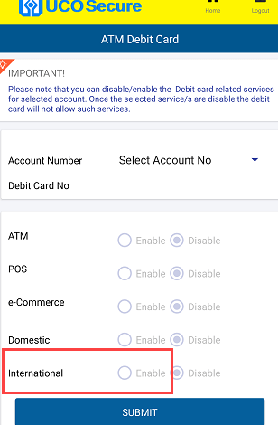 activate UCO Debit card International transactions