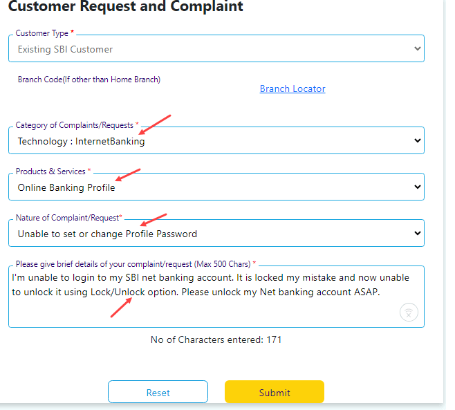 Submit Your account related Complaint to SBI Online