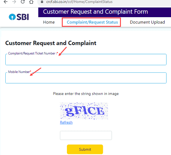 Submit Your account related Complaint to SBI Online