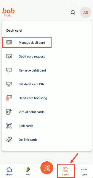 Bank of Baroda manage debit card