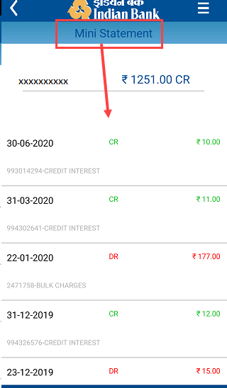 Indian Bank Mini statement