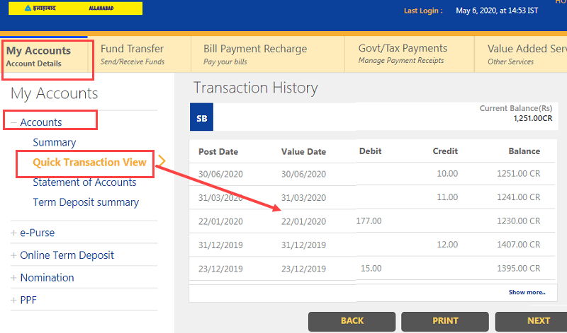Indian Bank Mini statement