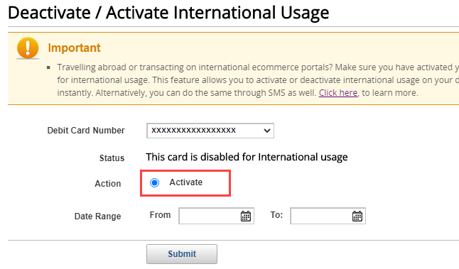 kotak Debit card International usage