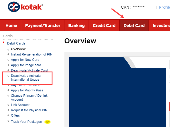 kotak Debit card International usage