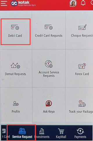 Kotak Mobile Banking Debit card services