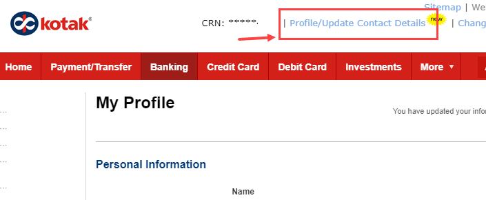 kotak net banking update contact details/profile
