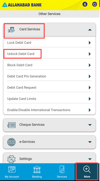 Lock/unlock Allahabad Bank ATM/Debit card 