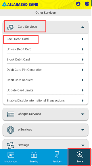 Lock/unlock Allahabad Bank ATM/Debit card 