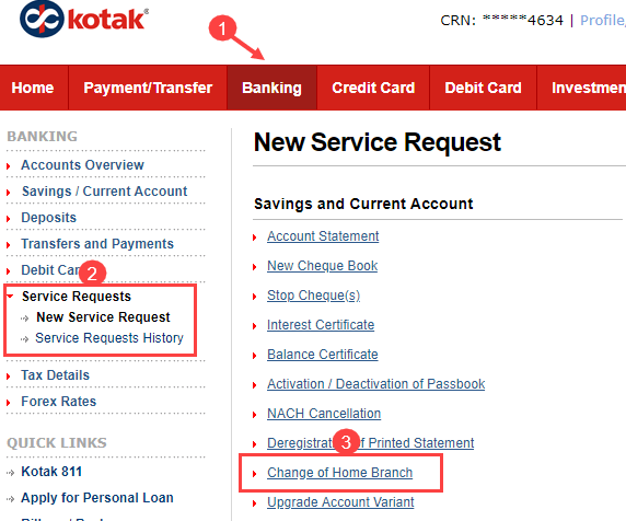 kotak change branch online