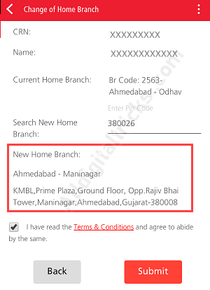 change kotak home branch