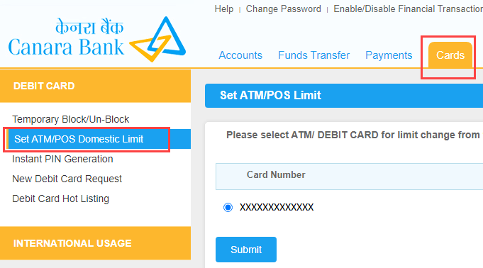Change Canara Debit Card Limit