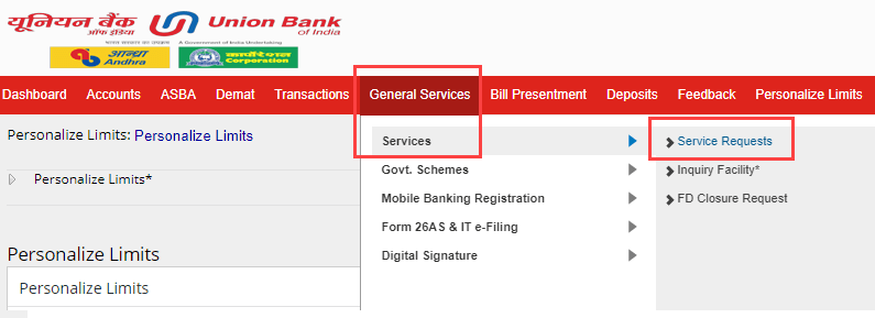 Union Bank of India request cheque book
