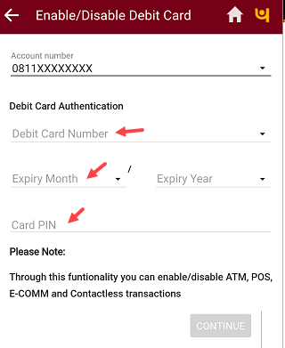 PNB Mobile banking enter debit card details