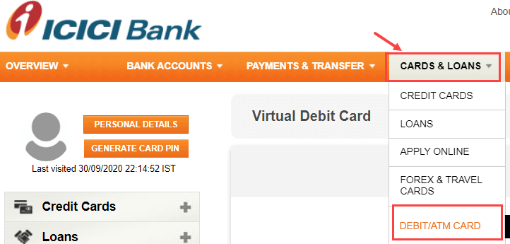 icici net banking manage ATM debit card