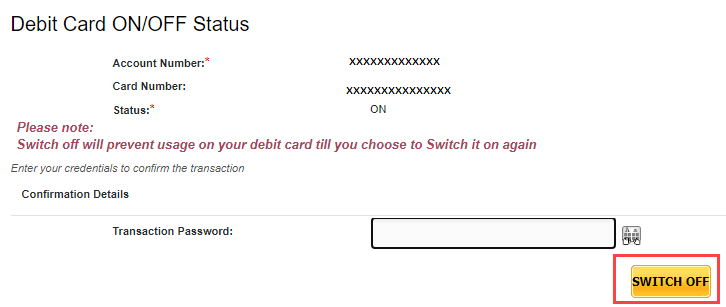 switch on off PNB ATM/Debit card