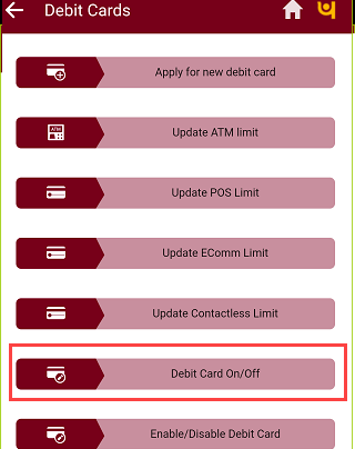 switch on off PNB ATM/Debit card