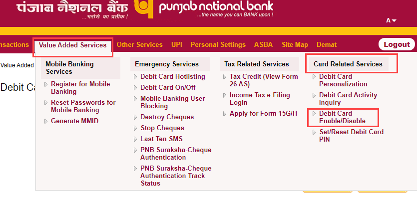 PNB Debit card enable disable