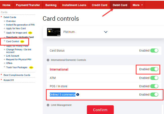 Kotak Debit card online transactions