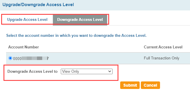 SBI net banking Access level