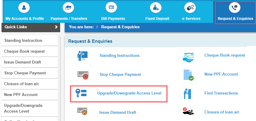 SBI net banking Access level
