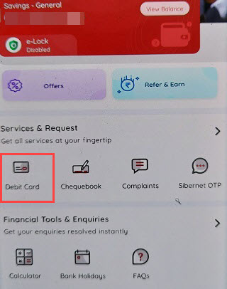 South Indian Bank Mobile Banking Manage debit card