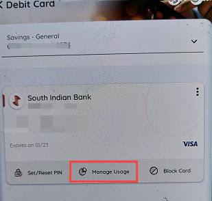 South Indian Bank Mobile Banking manage debit card usage