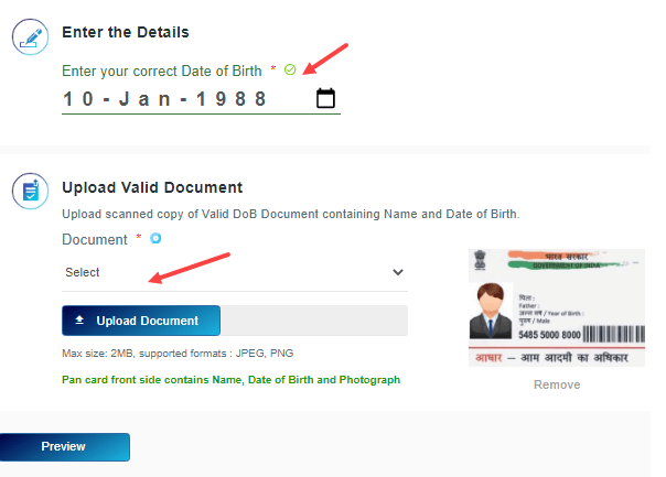 Change/Correct Date of Birth in Aadhaar Card Online