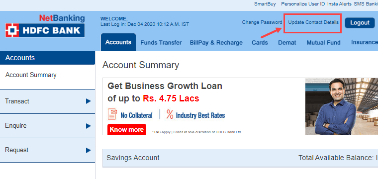 Change/Update HDFC Bank Account Address Online