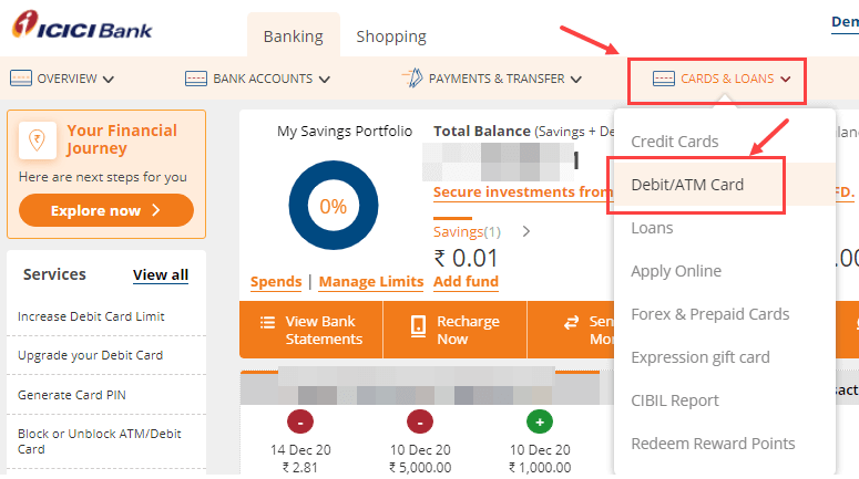 icici net banking ATM/Debit Card