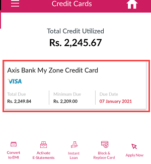 Axis Bank Mobile Banking manage credit card