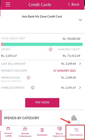 Axis Bank Mobile Banking manage credit card