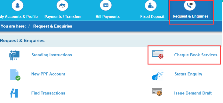 sbi net banking cheque book services