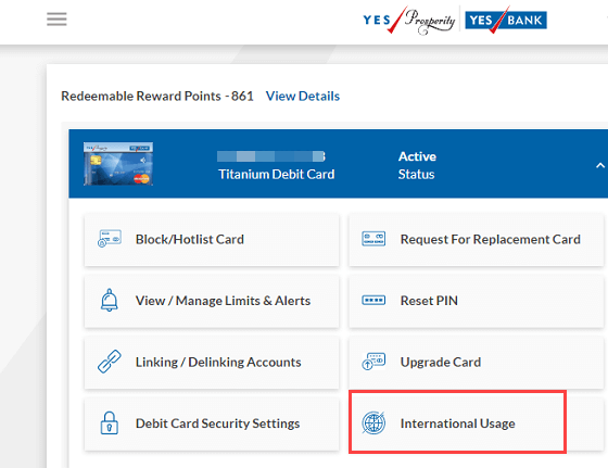 Enable International usage for Yes Bank Debit Card