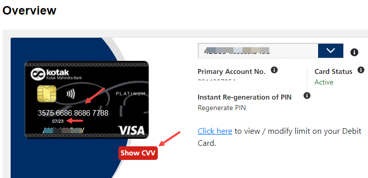 Check Kotak Debit Card Number, Expiry Date, and CVV Online