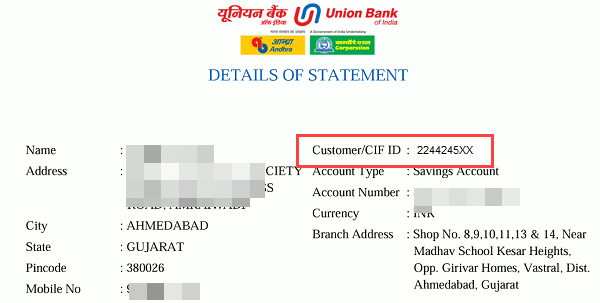 Union Bank of India CIF customer ID