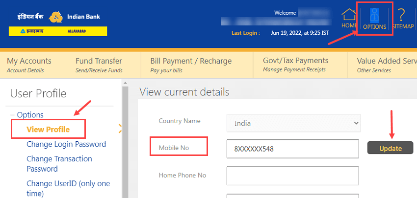 Change Indian Bank Registered Mobile Number Online