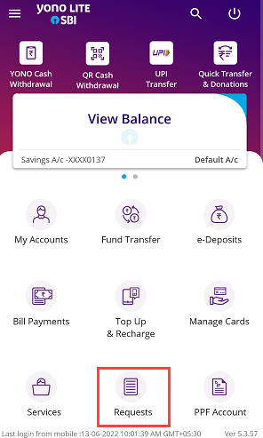 SBI YONO Lite Requests section