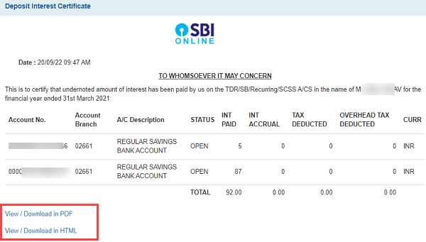 SBI Account Interest Certificate