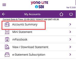 SBI YONO Lite account summary
