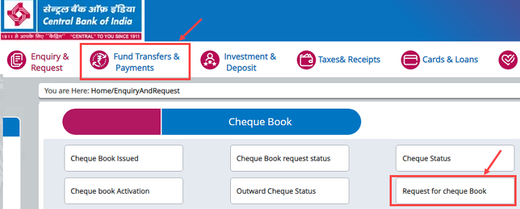 Request Central Bank of India Cheque Book