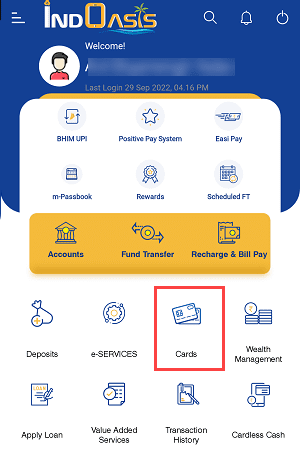 Indian bank mobile banking Cards section