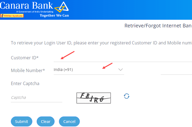 Canara Internet Banking login User ID