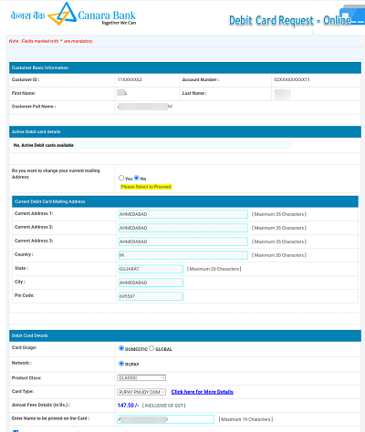 Re-issue New Canara Bank ATM/Debit Card When Existing Debit Card Expired