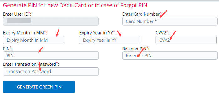 Generate Green PIN for Central Bank of India