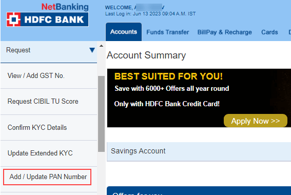 Register Update Pan Card HDFC Account Online